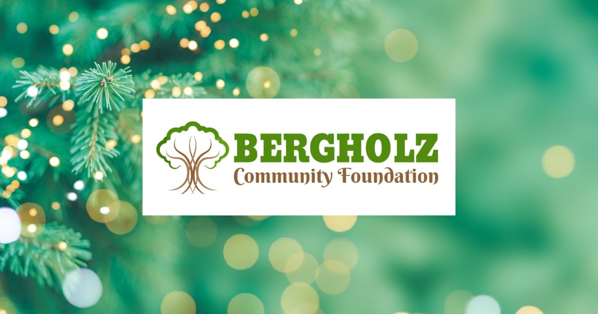 Pine tree and lights background with the Bergholz Community Foundation logo