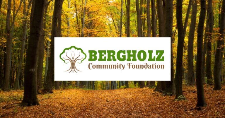 Wood scene in the Fall with the Bergholz Community Foundation logo