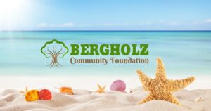 Beach and sand with seashells and the Bergholz Community Foundation logo overlayed