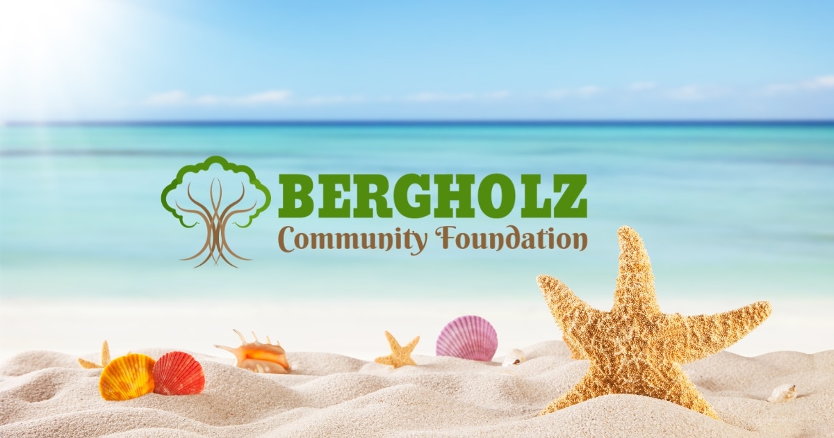 Beach and sand with seashells and the Bergholz Community Foundation logo overlayed
