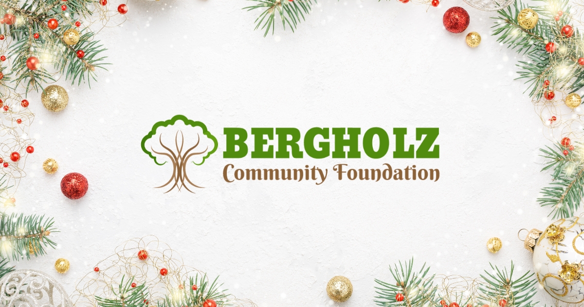 Bergholz Community Foundation logo in the middle of a graphic with a white background and Christmas ornaments and pine branches creating a border.