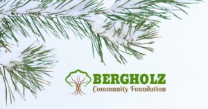 Pine branch in the snow and the Bergholz Community Foundation logo