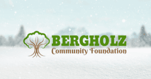 Blurry snowy winter background with the Bergholz Community Foundation Logo