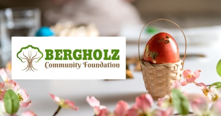 Easter themed background with pink flowers and a dyed egg in a basket with the Bergholz Community Foundation logo to the left of the image.