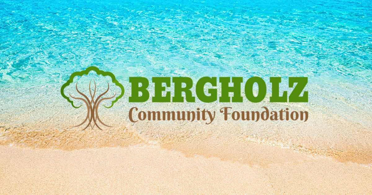 Beach background with the Bergholz Community Foundation Logo in the middle.