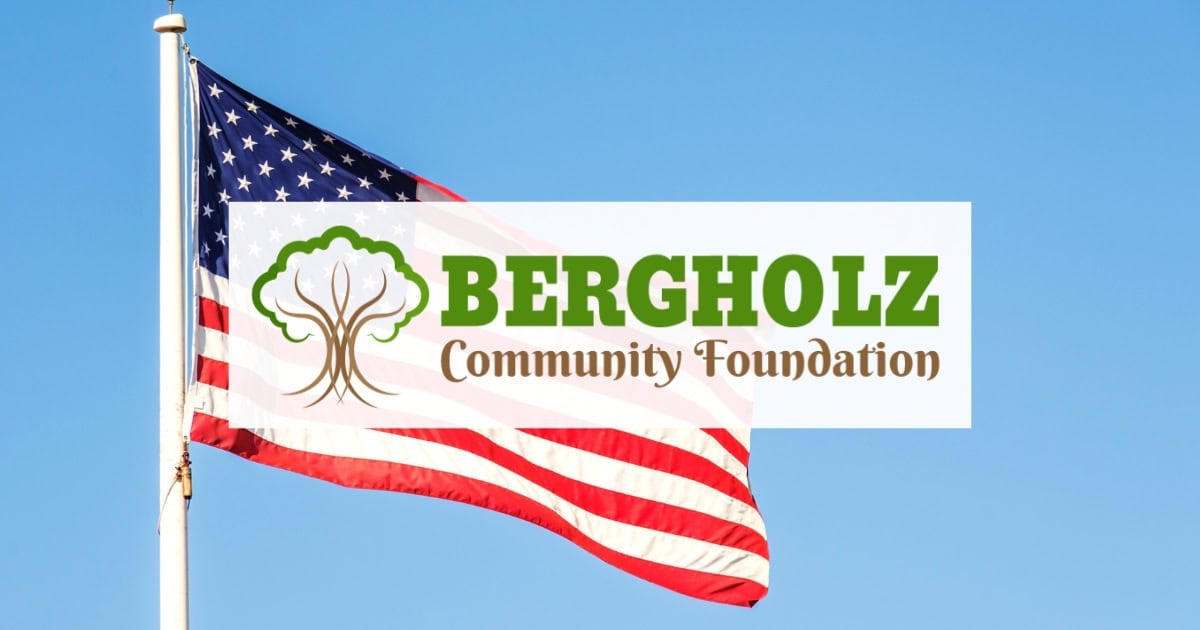 American flag in the sky with the Bergholz Community Foundation logo overlapping.