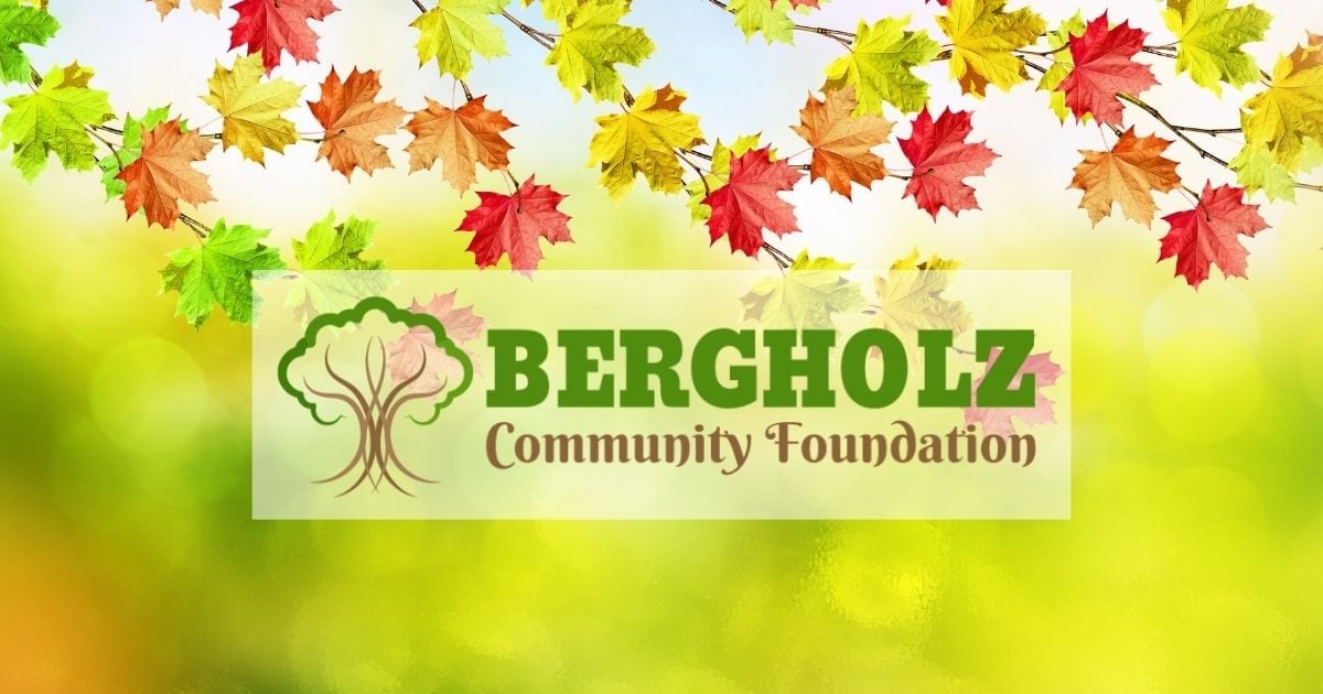 Blurry background in bright green with fall leaves on the top off of the design and the Bergholz Community Foundation logo.